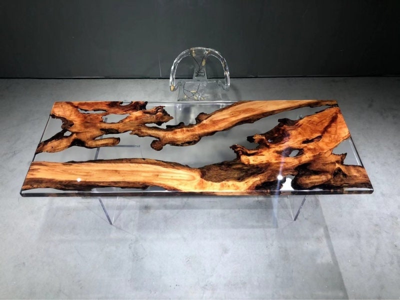 Camphor with black epoxy resin, Console table, Irregular shape epoxy resin table