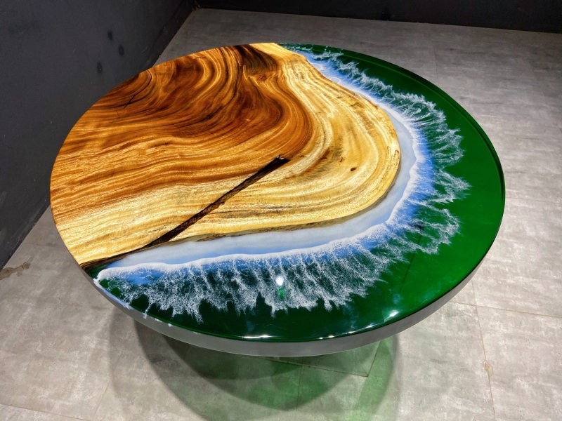 Tampo de mesa de resina epóxi transparente de obras de arte essenciais com mesa de jantar de madeira natural