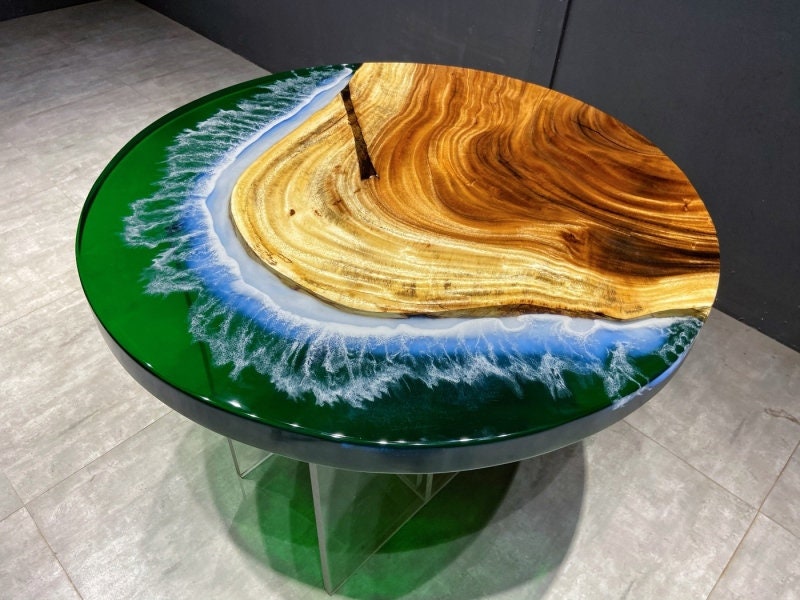 Essential Artworks Plateau de table en résine époxy transparente avec table de salle à manger en bois naturel