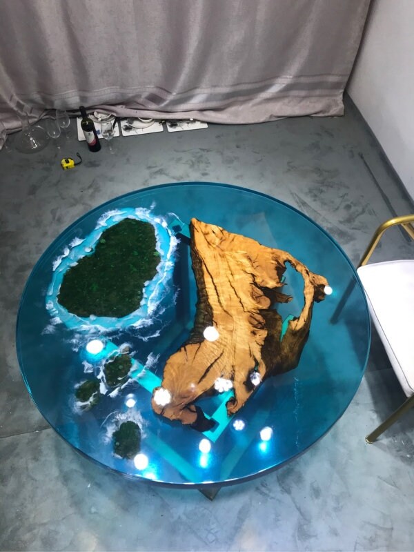 Kamfer epoxy blåt sofabord, klart epoxy harpiks bord, gennemsigtigt epoxy bord, epoxy sofabord, epoxy endebord