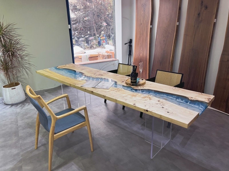 Mesa de río de resina azul, mesa epoxi hecha a mano personalizada