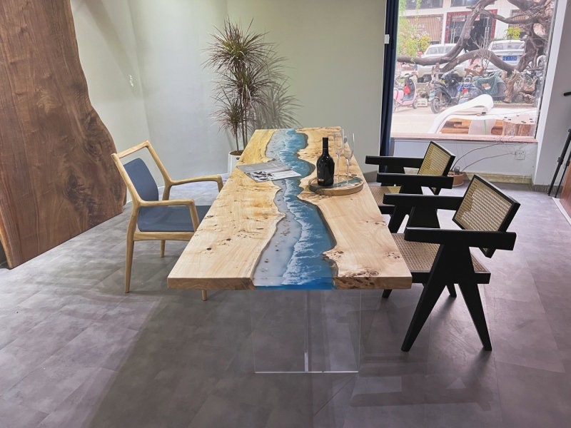 Mesa de río de resina azul, mesa epoxi hecha a mano personalizada
