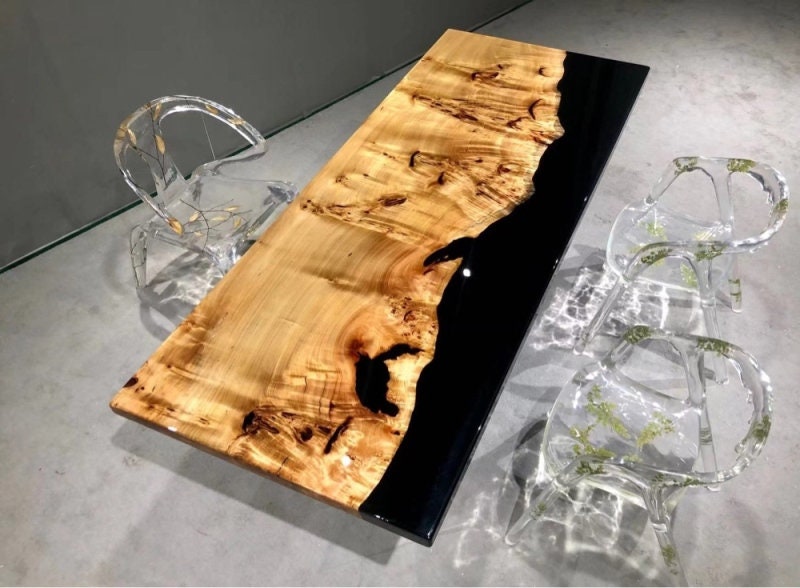 Mesa de río de color negro, mesa de resina epoxi, mesa de río de resina negra