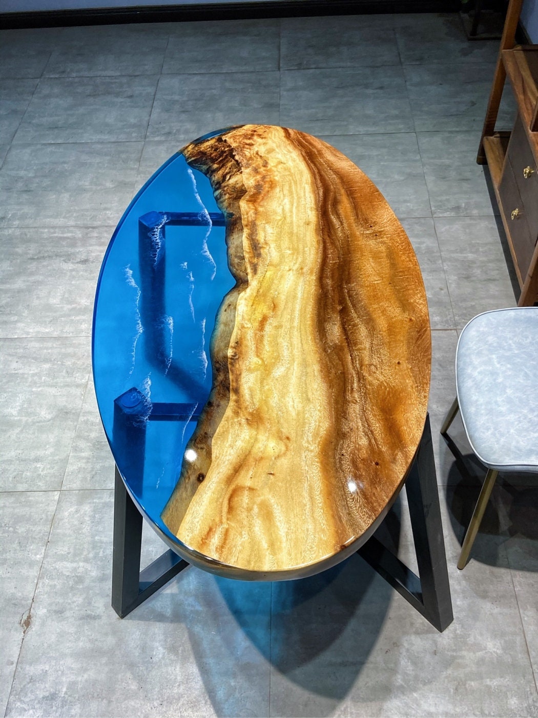 Mesa de centro Epoxy River, mesa oval de café, mesa lateral de resina epóxi