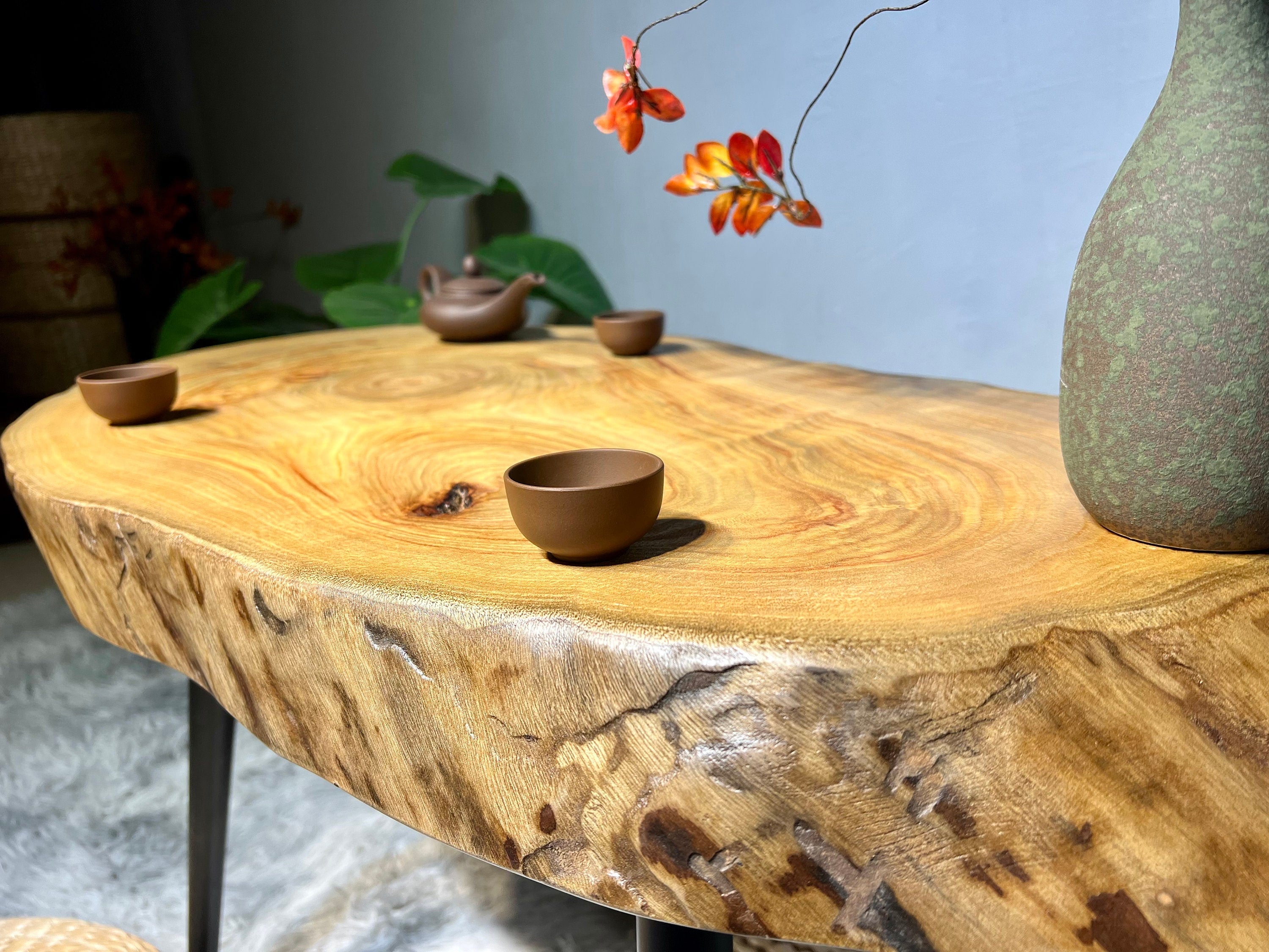 素朴なコーヒーテーブル、楕円形のコーヒーテーブル、丸太エンドテーブル、丸太テーブル、木製テーブル