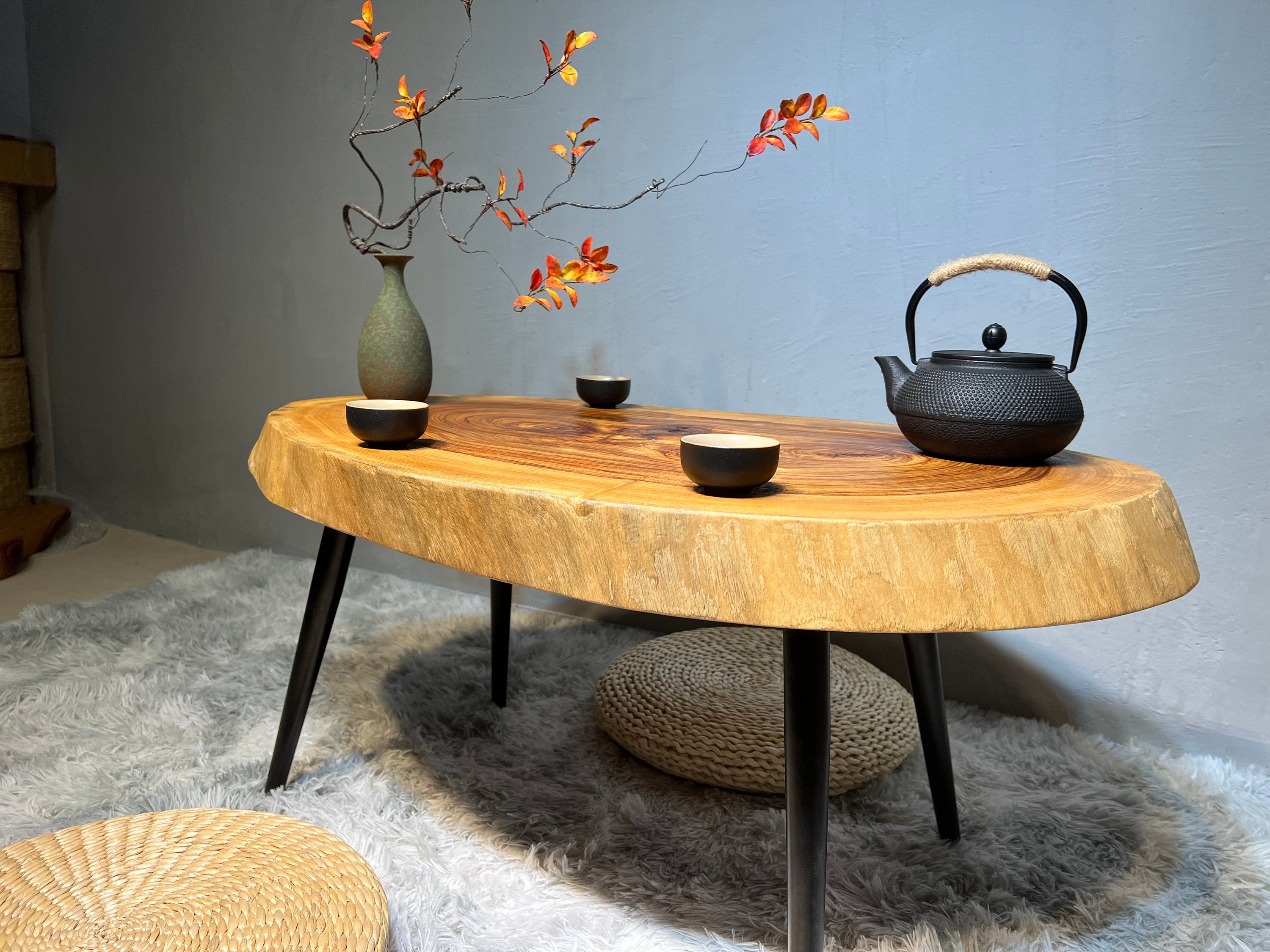 Mesa de centro rústica, mesa de centro oval, mesa final de toras, mesa de toras, mesa de madeira