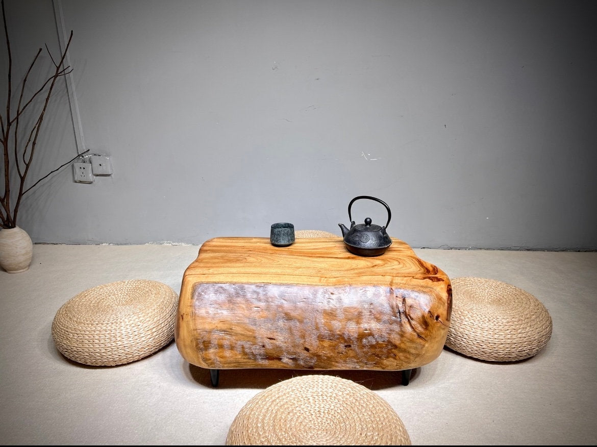 Mesa auxiliar de centro de una pieza, mesa de centro de madera maciza, hecha a pedido