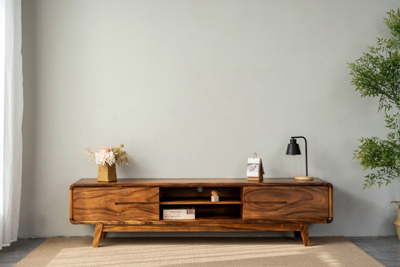 Buffet avec deux tiroirs et compartiments, meuble TV, rangement vinyle, commode basse, console multimédia crédence