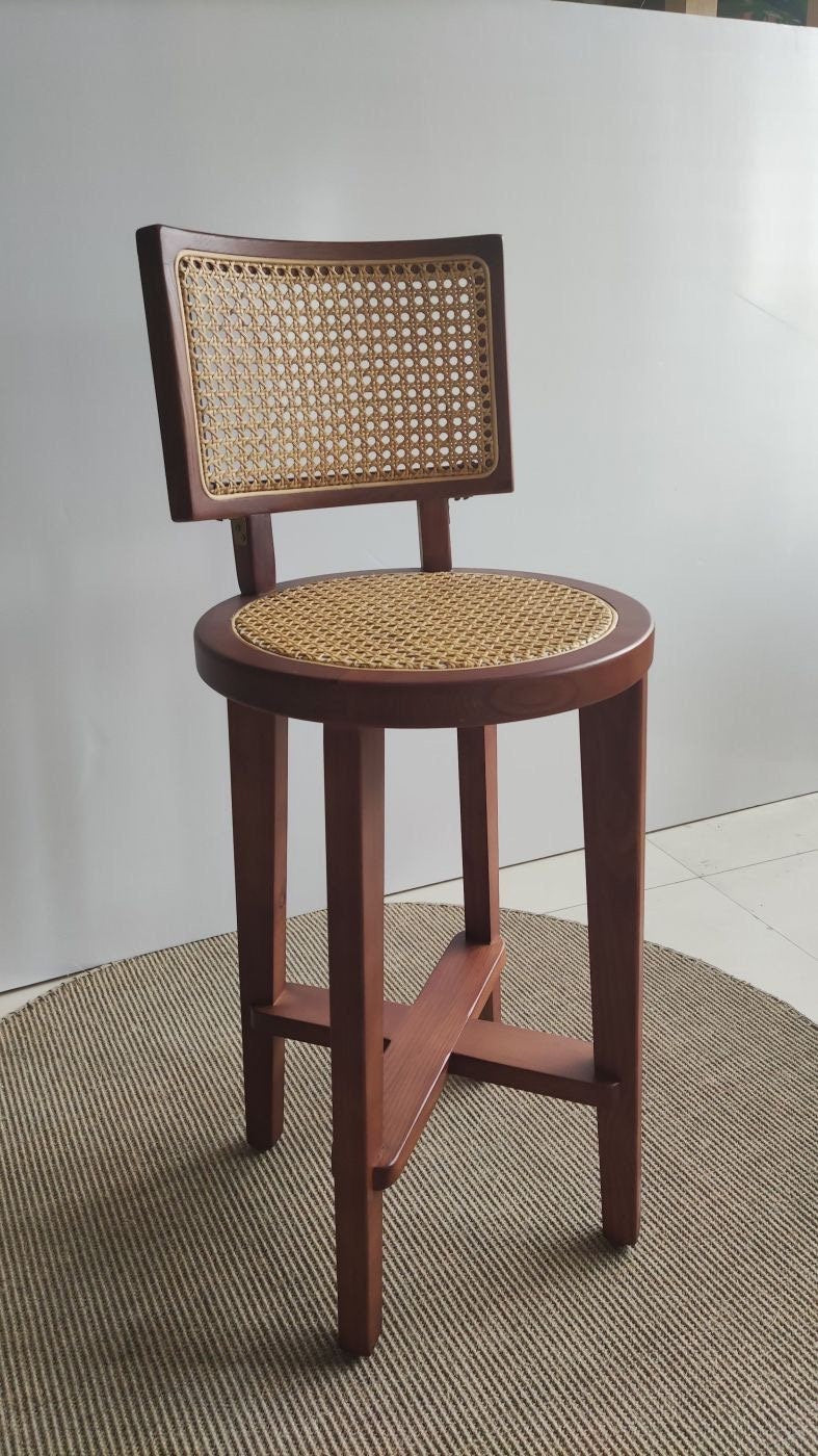Cadeira de vime de bambu, cadeira moderna de meados do século, cadeira pintada de marrom, cadeira de jantar de cinza branca