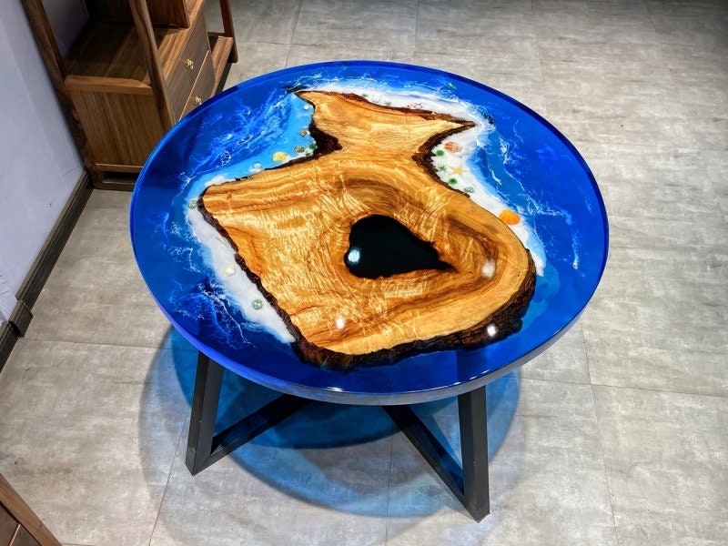 træ sofabord, Epoxy River spisebord, valnøddetræ med blå epoxyharpiks, ikke, oliven valnød bord