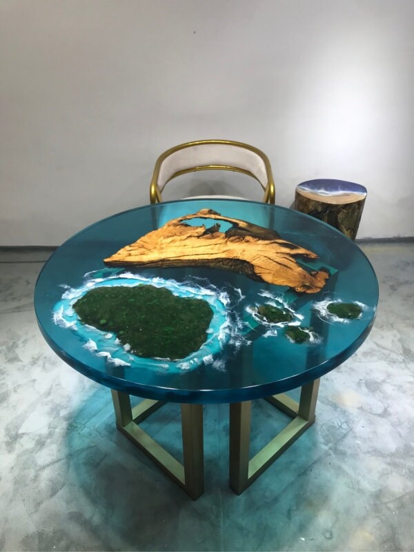 طاولة القهوة الكافور إيبوكسي الأزرق، طاولة راتنجات الإيبوكسي الشفاف، طاولة إيبوكسي شفافة، طاولة قهوة إيبوكسي، طاولة نهاية إيبوكسي