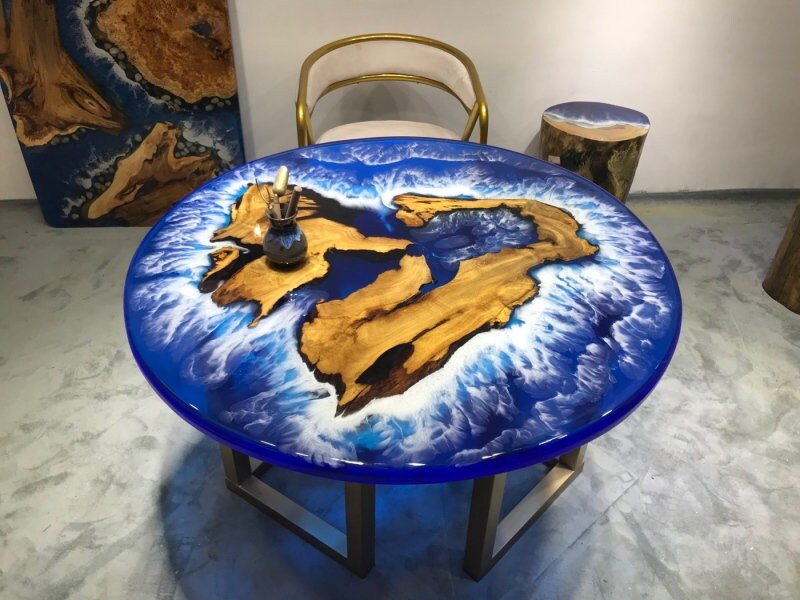 mesa de centro única, mesa epoxi, mesa de centro de resina epoxi, nogal de mesa epoxi, mesa de madera, mesa de resina