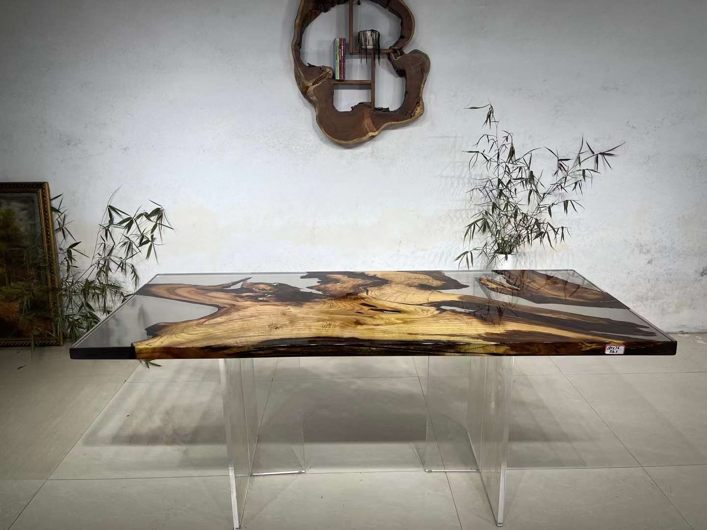 طاولة ريفر، خشب الكافور مع راتنجات الإيبوكسي الأسود، طاولة كونسول، مكتب عمل للكمبيوتر المحمول