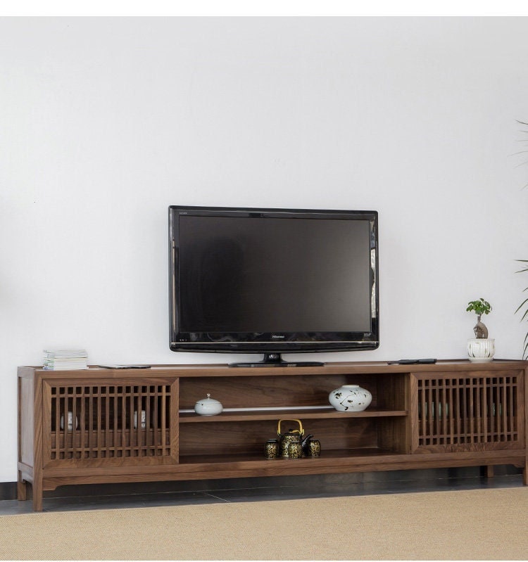 Japanese Style TV Stand in Black Walnut Wood: Zen-inspired Elegance, Minimalist Design