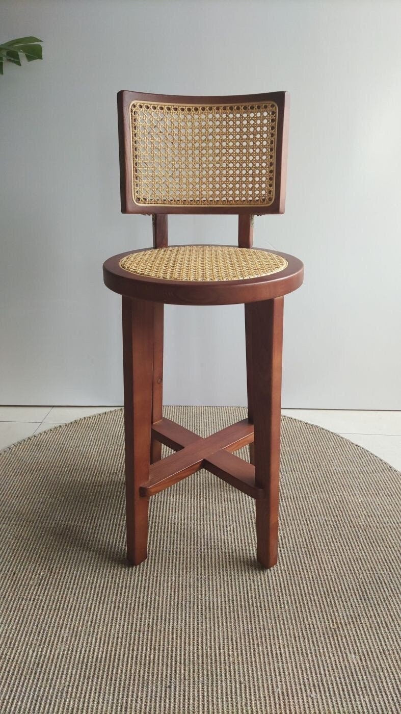 Cadeira de vime de bambu, cadeira moderna de meados do século, cadeira pintada de marrom, cadeira de jantar de cinza branca
