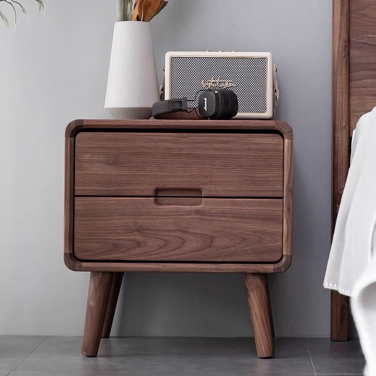 deep brown nightstand with two drawers, Bedside Table in black walnut, Farmhouse style nightstands, end table - SlabstudioHongKong