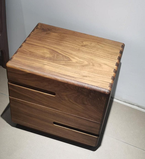 black walnut color bedside table with 2 drawer in solid wood, Mid Century Nightstand with Drawers, Nightstand in zebra wood - SlabstudioHongKong