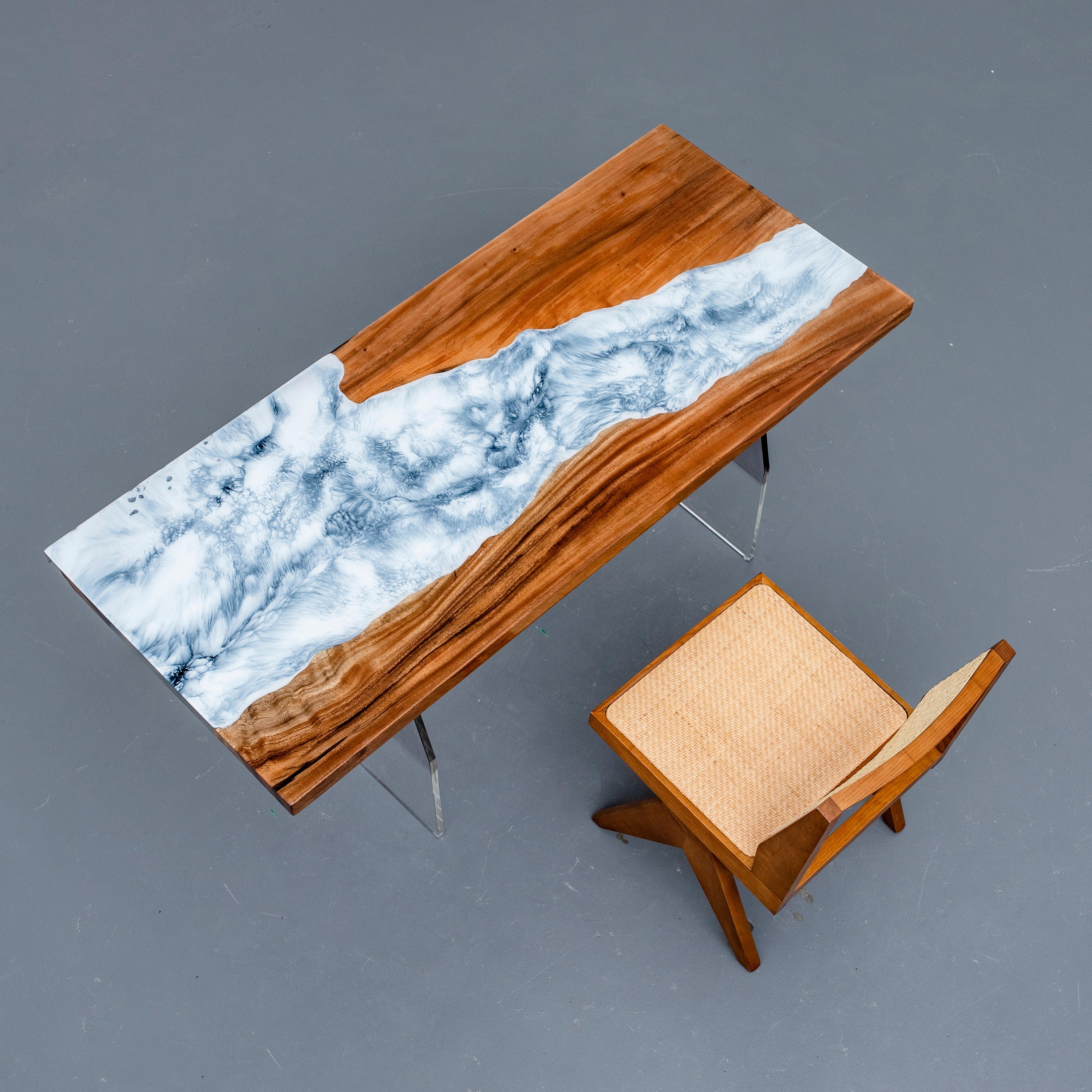 snefnug epoxy bord, Hvid epoxy harpiks bord, Sne spisebord, Naturligt træ bord