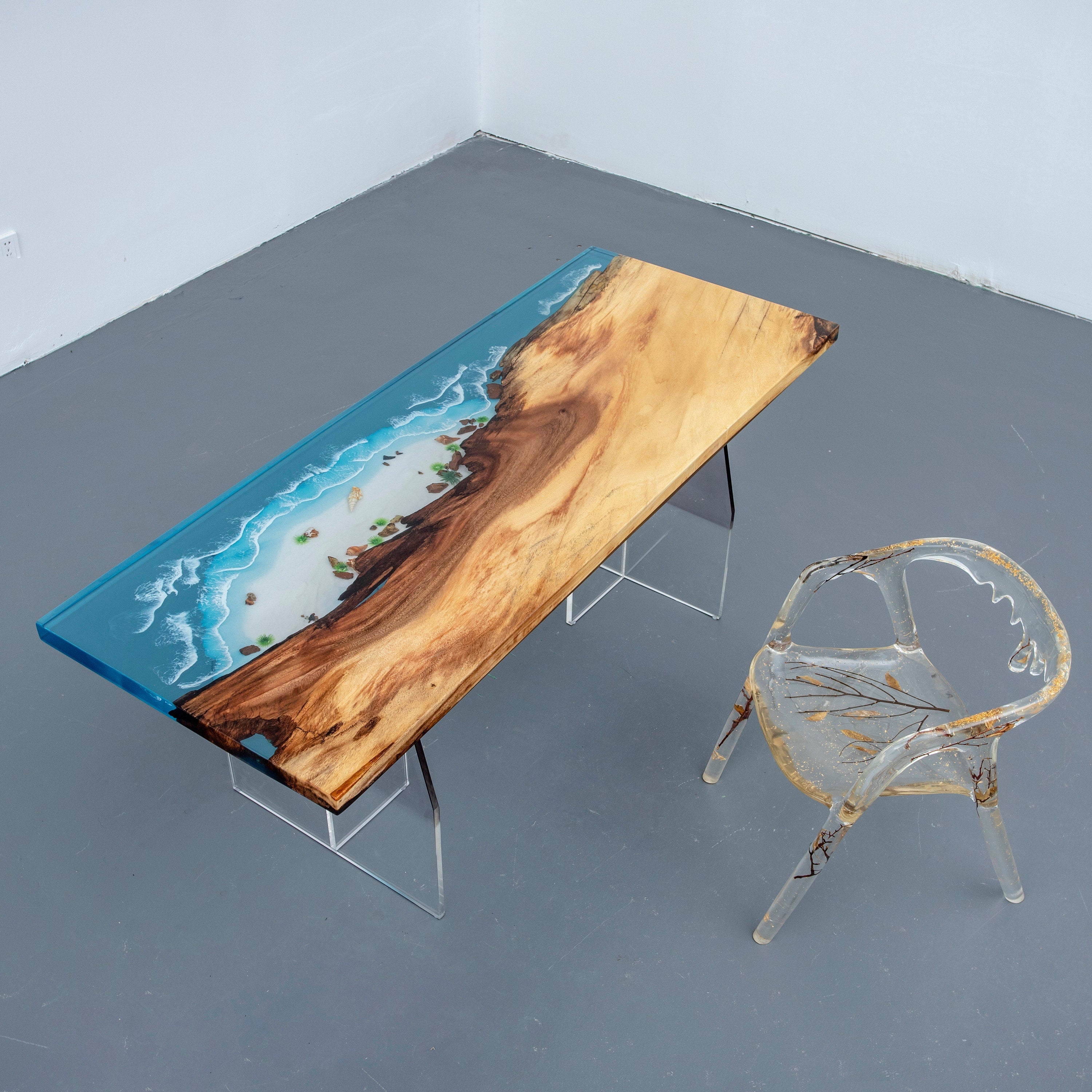 Mesa de epóxi personalizada sob encomenda, mesa Live Edge Epoxy Ocean, mesa de madeira maciça