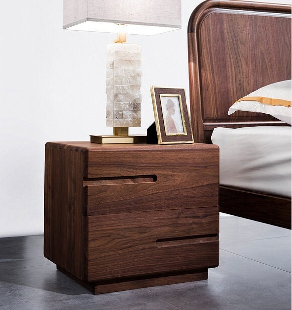 black walnut color bedside table with 2 drawer in solid wood, Mid Century Nightstand with Drawers, Nightstand in zebra wood - SlabstudioHongKong
