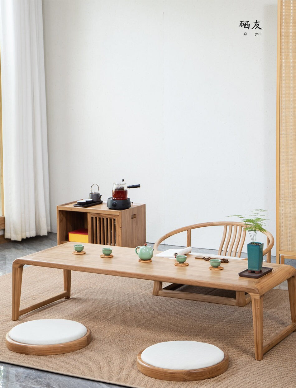 mesa de centro de madera de olmo de estilo japonés, mesa de centro grande, mesa de centro rectangular simple