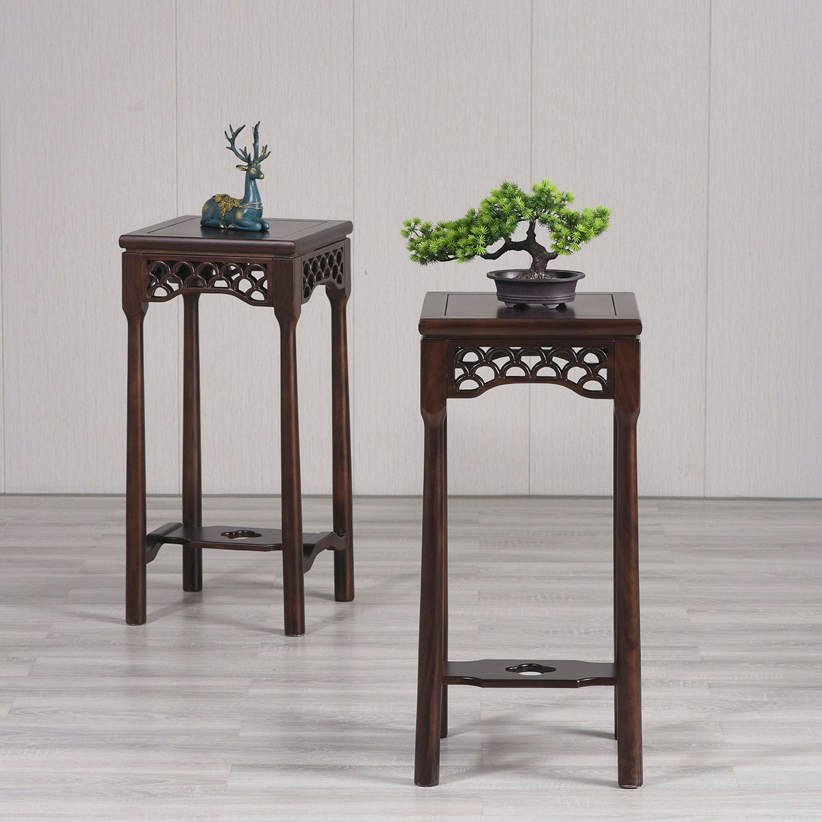 carving flower plant stand, carving tall stand, square plant stand, Wooden Plant Stand made from zebra wood - SlabstudioHongKong