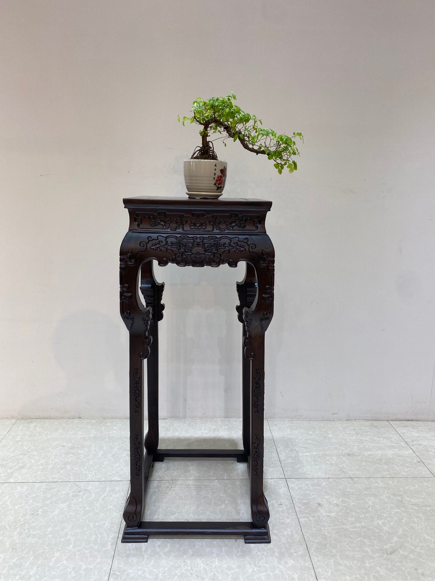 beautiful carving wood Accent Stool, carving Plant Stand, mid century modern style, handmade plant stand - SlabstudioHongKong
