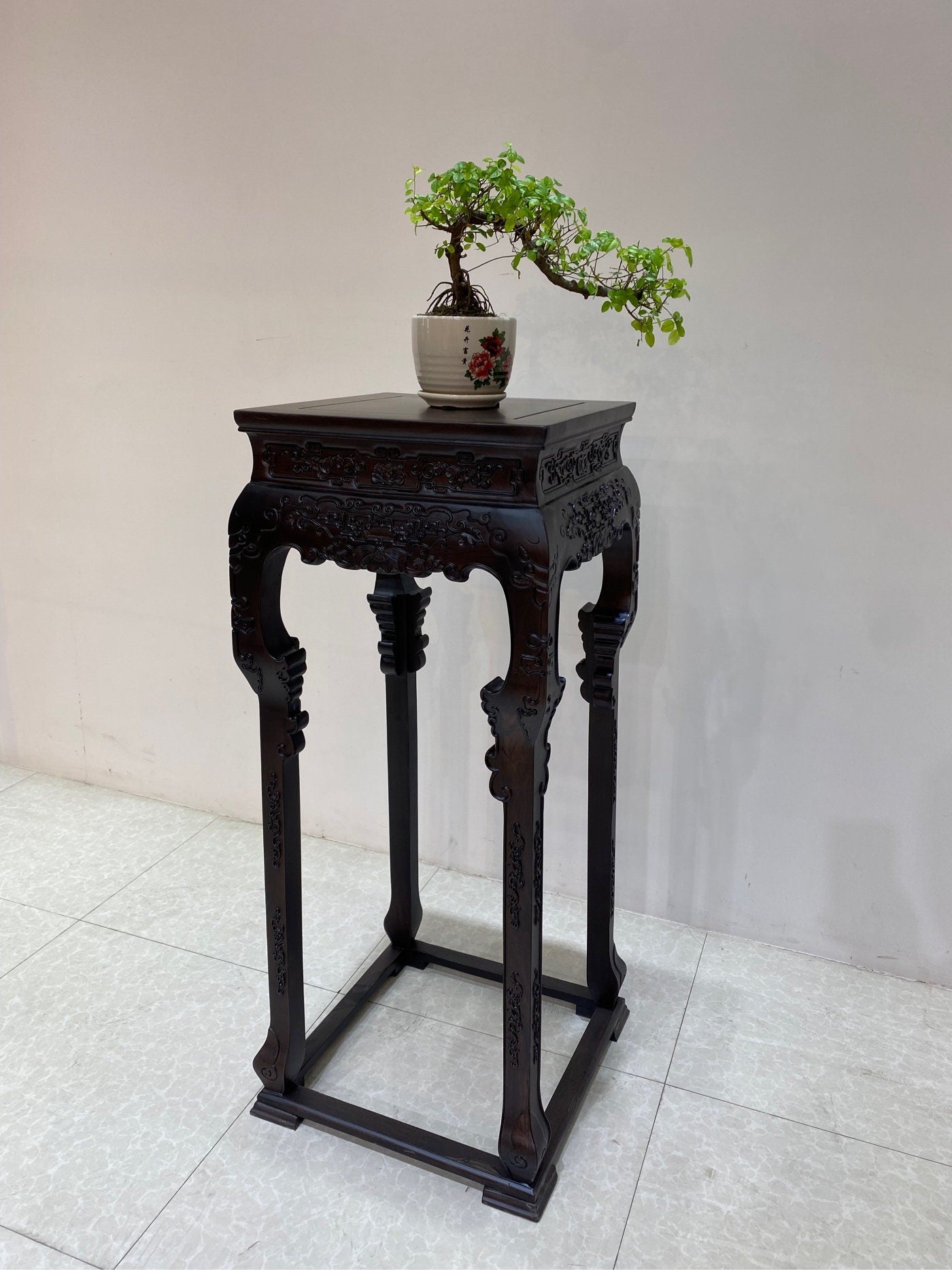 beautiful carving wood Accent Stool, carving Plant Stand, mid century modern style, handmade plant stand - SlabstudioHongKong