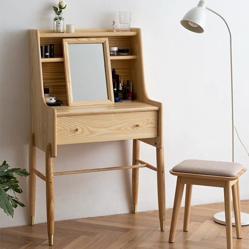 Nordic design vanity Accent Mirror make in ash wood, Make up table with 2 drawer, - SlabstudioHongKong