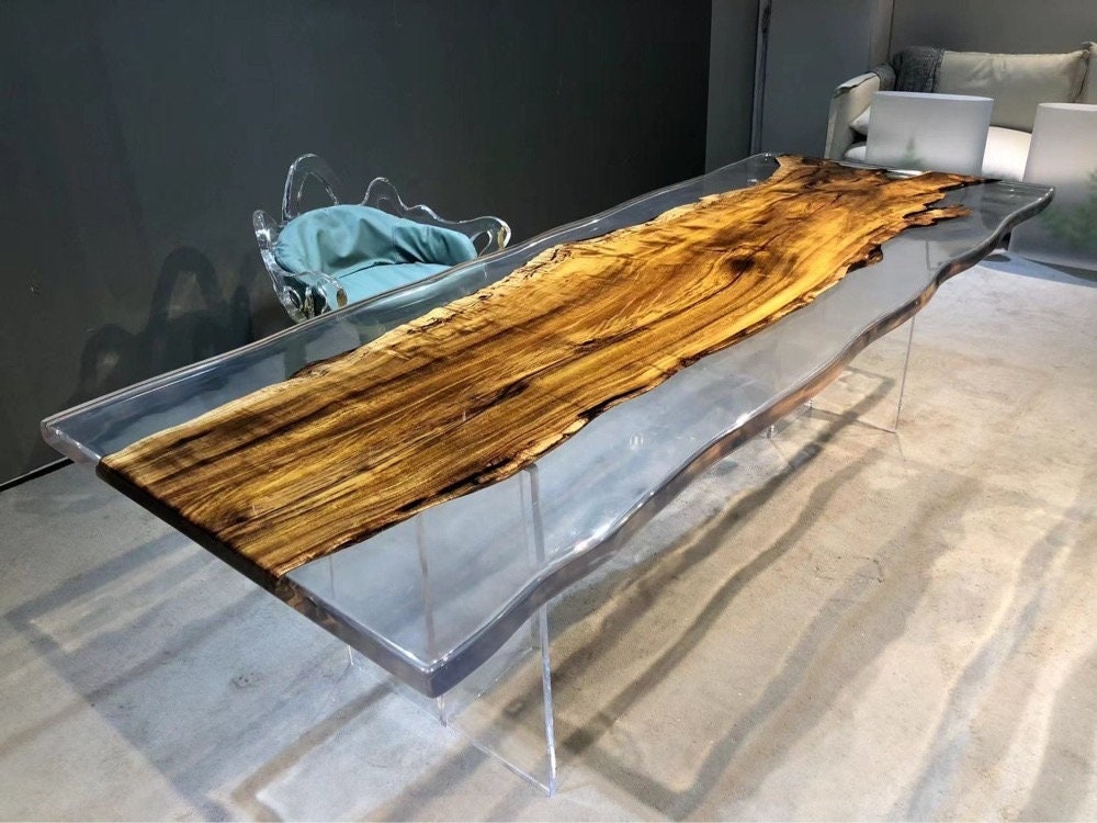 Håndlavet epoxybord i ét stykke, epoxyharpiksbord i gyldent kamfertræ