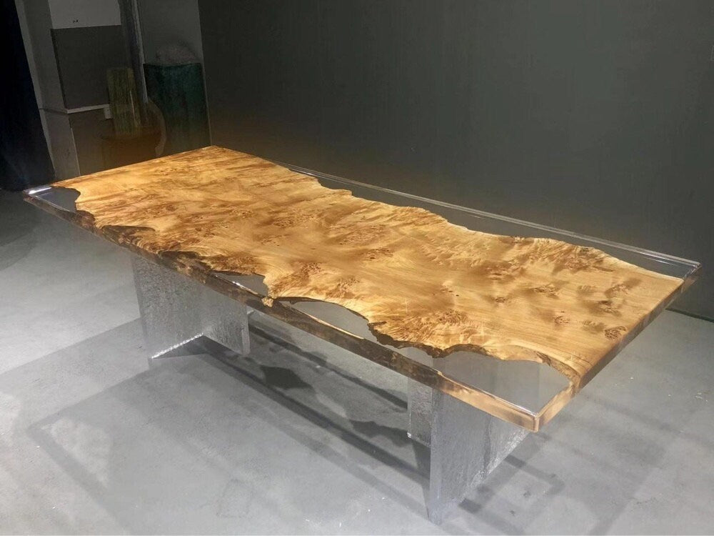 Mesa de resina epóxi para trabalho artístico, mesa de resina epóxi de uma peça, mesa de jantar com borda viva