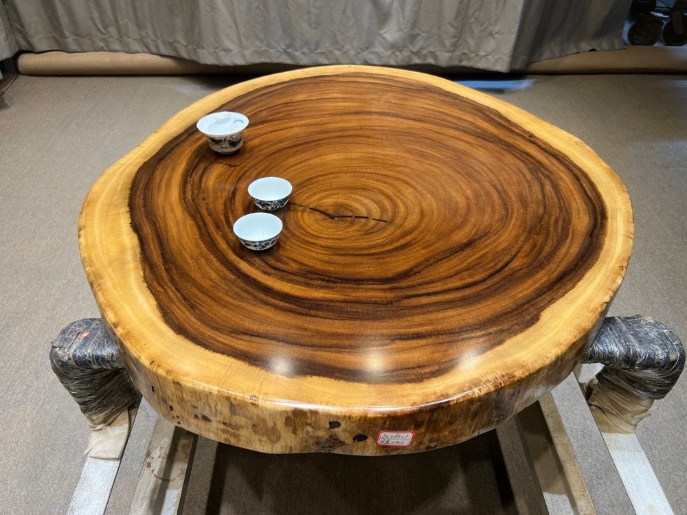 live edge round dining table, gold coffee table, timber wood coffee table - SlabstudioHongKong