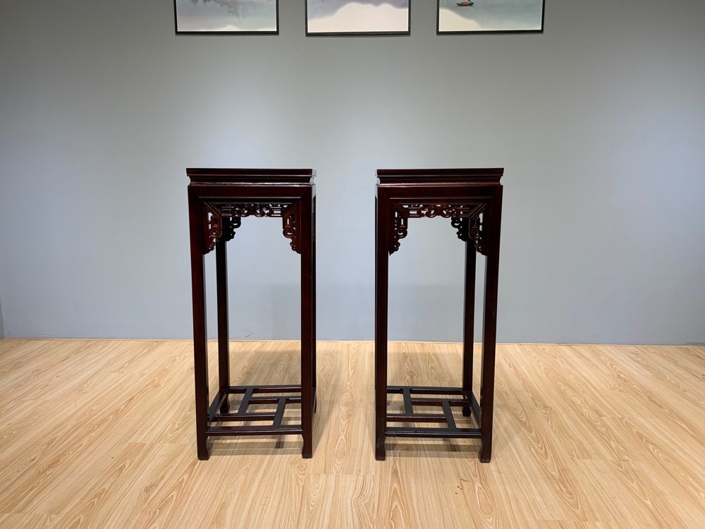 Vintage mahogany  Pedestal Square Side Table, mahogany plant stand - SlabstudioHongKong