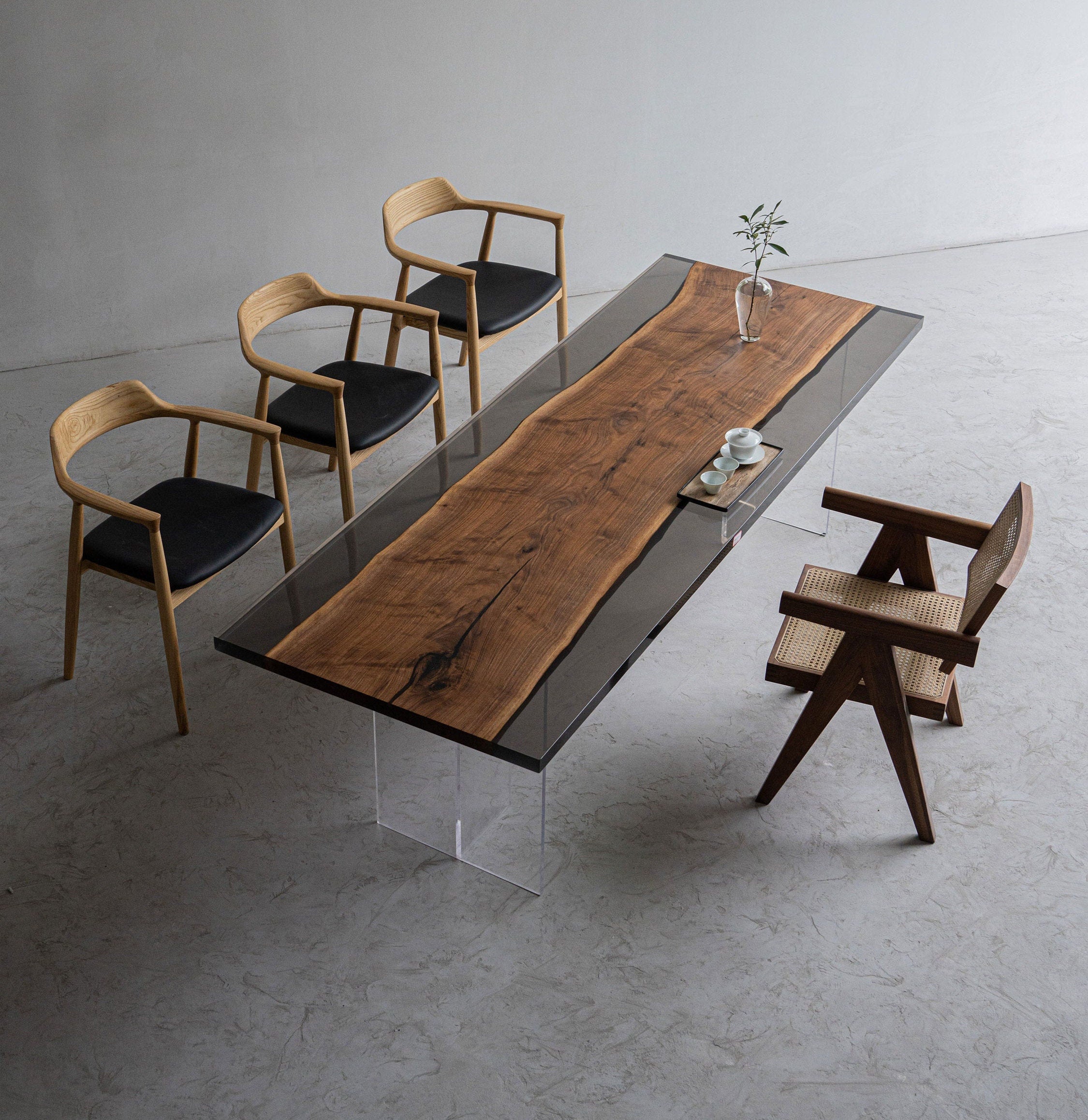 Solid black walnut wood epoxy resin table, dining table, black walnut - SlabstudioHongKong